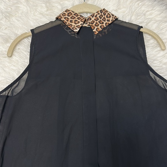 2 High Low Sleeveless Navy & Black Leopard Animal Print Blouses w/Collar - Picture 11 of 16